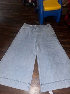 Mica Los Angeles Light Blue Elastic Waist Denim Wide Leg Crops
